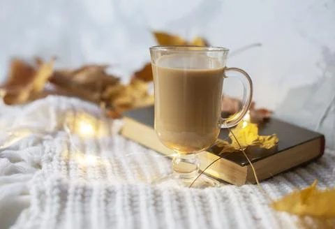 Autumn flat lay composition. Warm comfort sweater, pumpkin, dried leaves. Aut Stock Photos