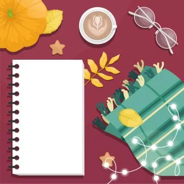 Autumn flat lay with the notebook, eyeglasses, wool scarf, coffee, pumpkin an Stock Illustration
