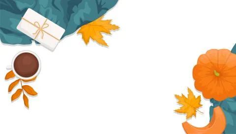 Autumn flat lay with the pumpkin, gift, wool scarf, coffee and autumn leaves. Stock Illustration