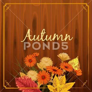 Autumn flowers, Fall, leaves, banner, greeting card, autumn colors, wooden Stock Illustration