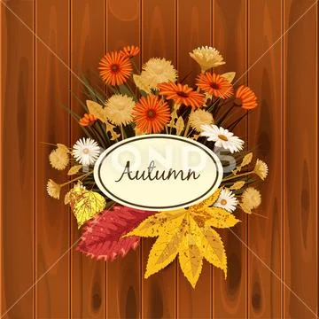 Autumn flowers, Fall, leaves, banner, greeting card, autumn colors, wooden Stock Illustration
