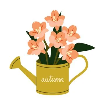 Autumn Flowers Vector Illustration Flat Geometric Watering Can Isolated Stock Illustration