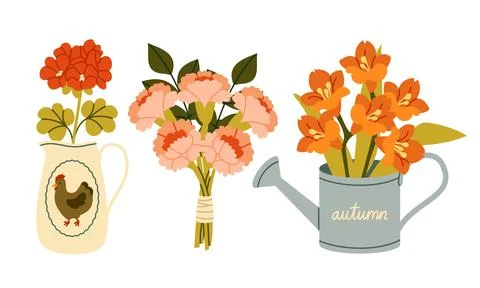 Autumn Flowers Vector Set Flat Geometric Bouquet Watering Can Pitcher Collection Stock Illustration