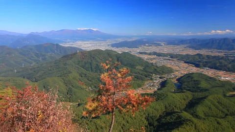 Autumn Foliage in the Forest with a View of Mount Asama and the City of Ueda Видео 330585208