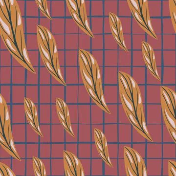 Autumn foliage seamless pattern with orange stylized leaf elements. Pink cheq 스톡 일러스트
