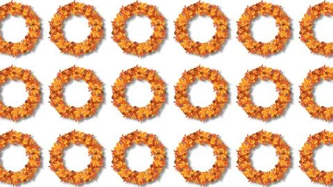Autumn foliage wreath pattern with orange and yellow maple leaves on white .. 스톡 일러스트