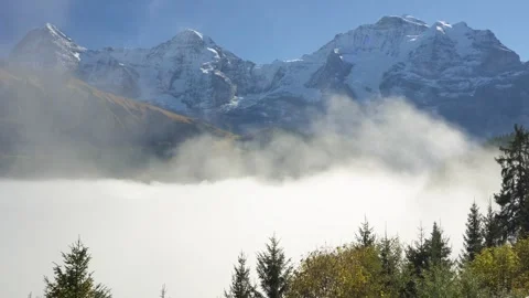 Autumn forest and snow-capped Eiger, Monch and Jungfrau mountains. Switzerland. Stock Footage 341719729