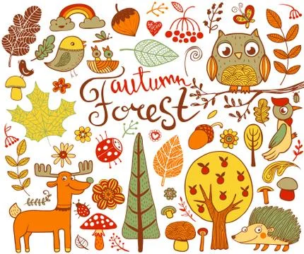 Autumn Forest design elements in doodle style Stock Illustration