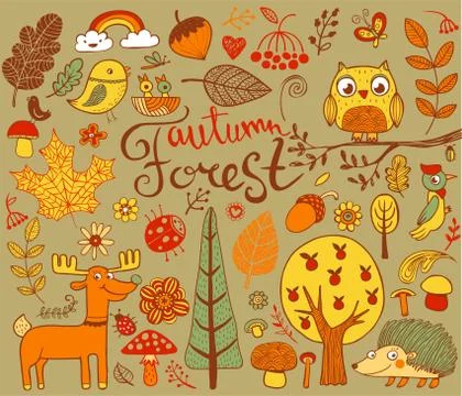 Autumn Forest design elements in doodle style 스톡 일러스트