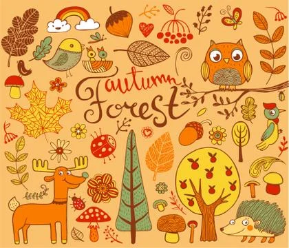 Autumn Forest design elements in doodle style Stock Illustration