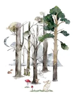 Autumn forest flat hand drawn illustrations set. Woody flora and fauna design Illustrazione stock