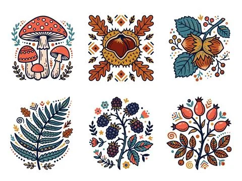 Autumn Forest Folk Art Bundle Vector Illustration Stock Illustration