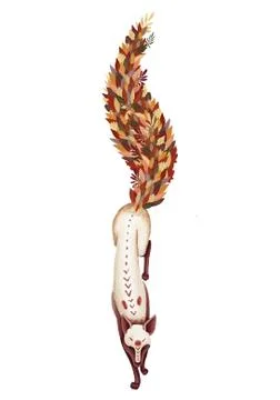 Autumn forest fox. Red tail of leaves. Graceful, elegant animal. Isolated on Stock Illustration