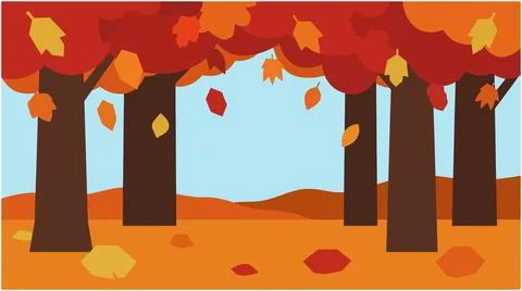 Autumn forest landscape with falling orange and red leaves seasonal landscape Stock Illustration