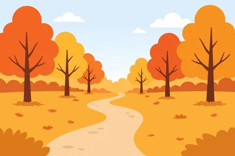 Autumn forest landscape with winding path, orange trees and blue sky Stock Illustration