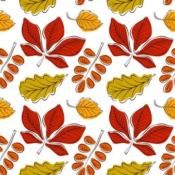 Autumn forest leaves seamless pattern in line art style. Fall season background Illustrazione stock