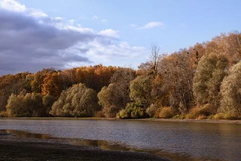 Autumn forest over river with dramatic clouds, background Stock Photos