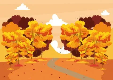Autumn forest path with orange and yellow trees in fall Ilustração Stock