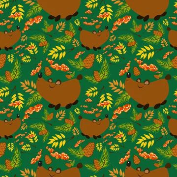 Autumn Forest pattern with cute bears, rowan leaves and fruits, pine cones Stock Illustration