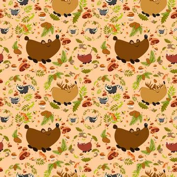 Autumn forest pattern with cute dears, bears, boars, badger and raccoon, bugs Illustrazione stock