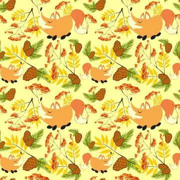 Autumn Forest pattern with cute foxes, pine branches and cones, rowan fruits Stock Illustration