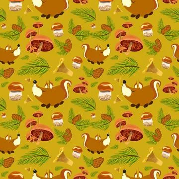 Autumn Forest pattern with cute squirrels, mushrooms, pine branches and cones Illustrazione stock