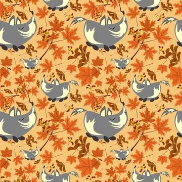 Autumn forest pattern with cute wolves and maple tree leaves . 스톡 일러스트