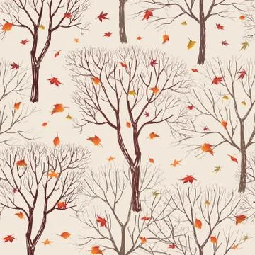 Autumn forest pattern. Fall leaves and trees seamless background Stock Illustration