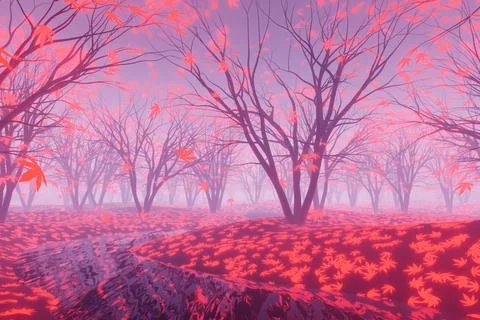 Autumn forest with red leaves 3D Background render Stock Illustration