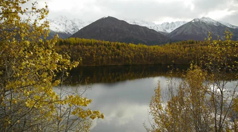 Autumn Forest Reflected in Lake with Mountain Background Stock Footage 38112593