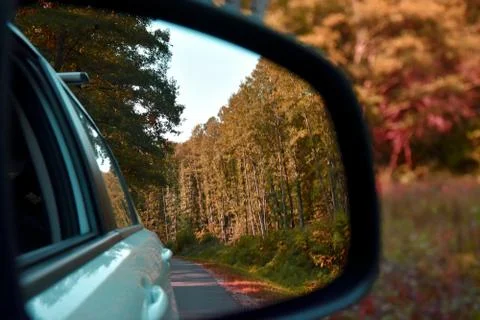 The autumn forest is reflected in the side mirror of the car. Bright, multi Stock Photos