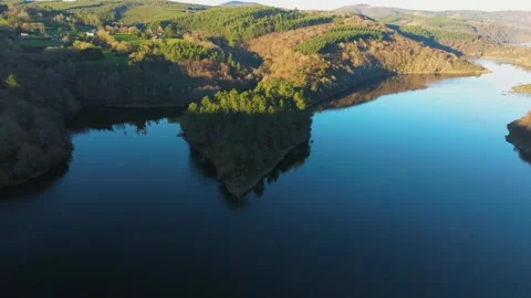 Autumn Forest On River Eume In A Coruna, Spain. aerial shot Vídeos de archivo 261584189