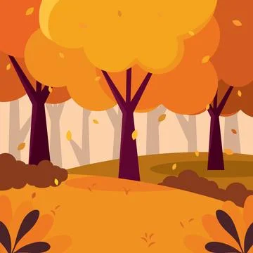 Autumn forest scene with orange trees and falling leaves, Vector Stock Illustration