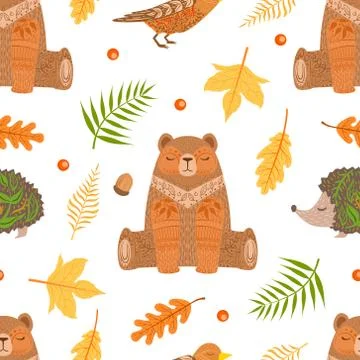 Autumn Forest Seamless Pattern, Colorful Fall Leaves and Wild Woodland Bear Stock Illustration