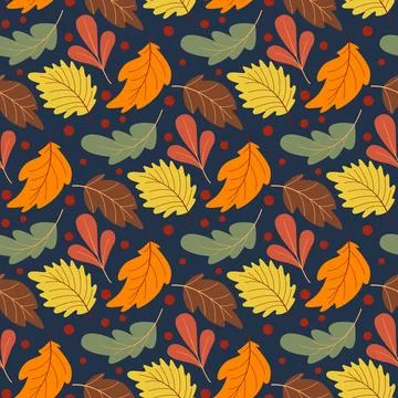 Autumn forest seamless pattern with colorful tree leaves and cranberry berrie Stock Illustration