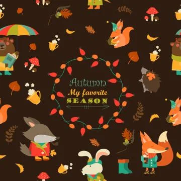 Autumn forest seamless pattern with cute animals Stock Illustration