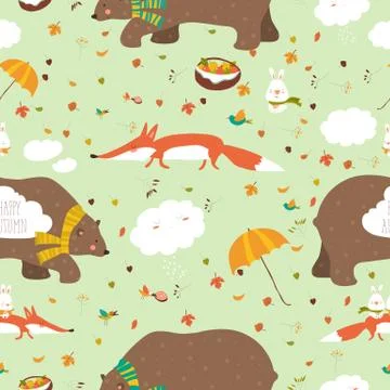 Autumn forest seamless pattern with cute animals Stock Illustration