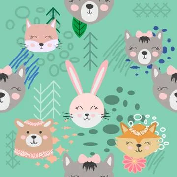 Autumn forest seamless pattern with cute animals 스톡 일러스트