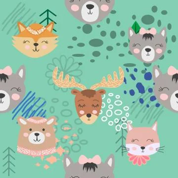 Autumn forest seamless pattern with cute animals 스톡 일러스트