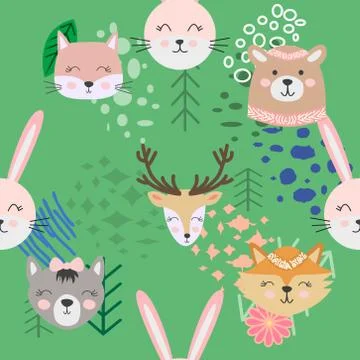 Autumn forest seamless pattern with cute animals Stockillustratie