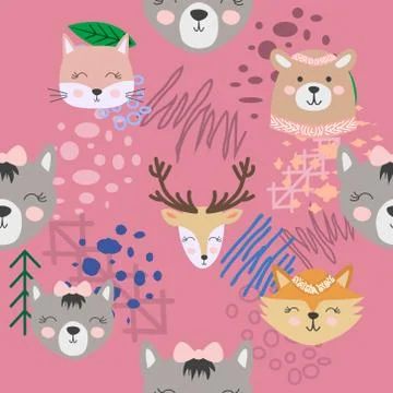 Autumn forest seamless pattern with cute animals Illustrazione stock