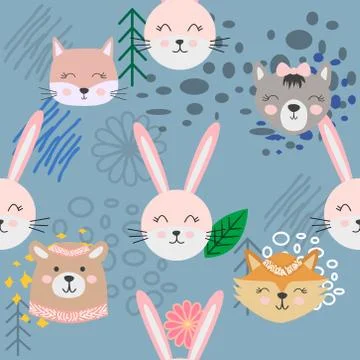 Autumn forest seamless pattern with cute animals Stock Illustration