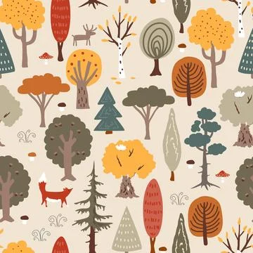 Autumn forest seamless pattern with funny trees and animals. Hand drawn backg Stock Illustration