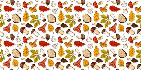 Autumn forest seamless pattern with mushrooms and colorful leaves in cartoon Illustrazione stock