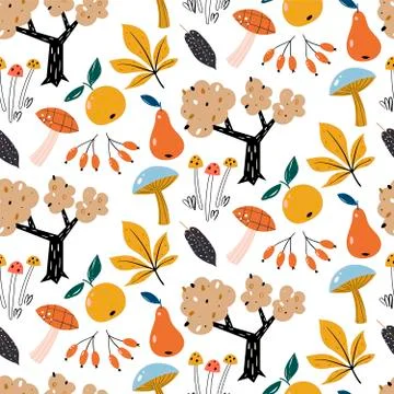 Autumn Forest seamless vector pattern.Autumn harvest. Woodland childish print in Stock Illustration