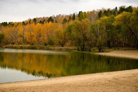 Autumn forest on a small island. Reflection of orange and green trees in th.. Stock Photos
