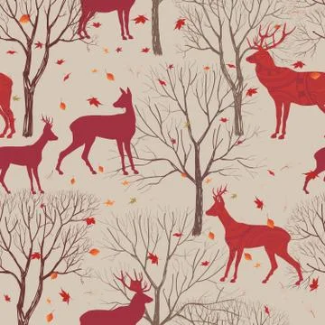 Autumn forest tile pattern Animal deer Fall leaves trees background Illustrazione stock