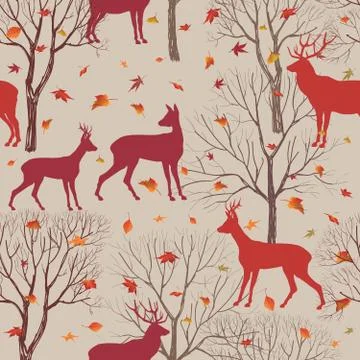 Autumn forest tile pattern Animal deer Fall leaves trees background Stock Illustration