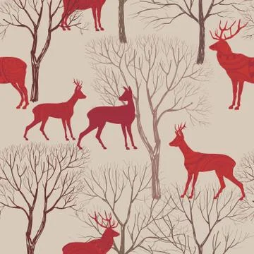 Autumn forest tile pattern Animal deer, trees seamless background Stock Illustration