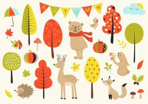 Autumn forest in vector set with cute forest animals, leaves, mushrooms and t Stock Illustration